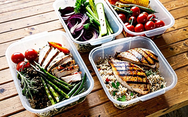 Pudełka cateringu dietetycznego ze świeżymi warzywami na jasnym blacie