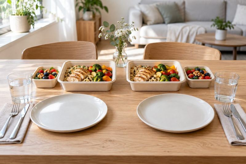 Dwie osoby przy stole z pudełkami cateringu dietetycznego