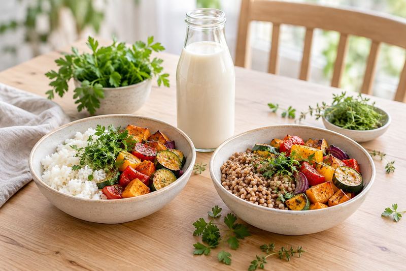 Pudełko z posiłkiem bez glutenu i laktozy obok etykiety z listą składników