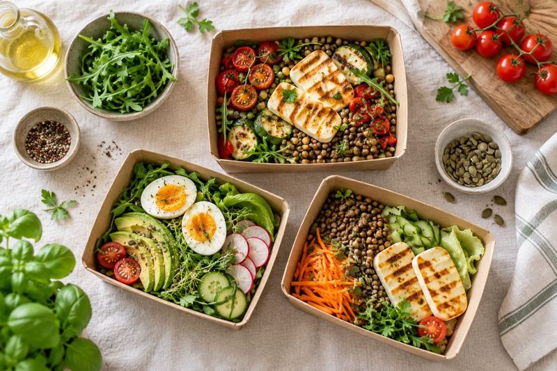 Pudełka z cateringu wegetariańskiego z jajkiem, serem halloumi i ciecierzycą