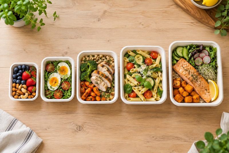 Trzy, cztery i pięć pudełek z cateringu ustawione w rzędach na stole